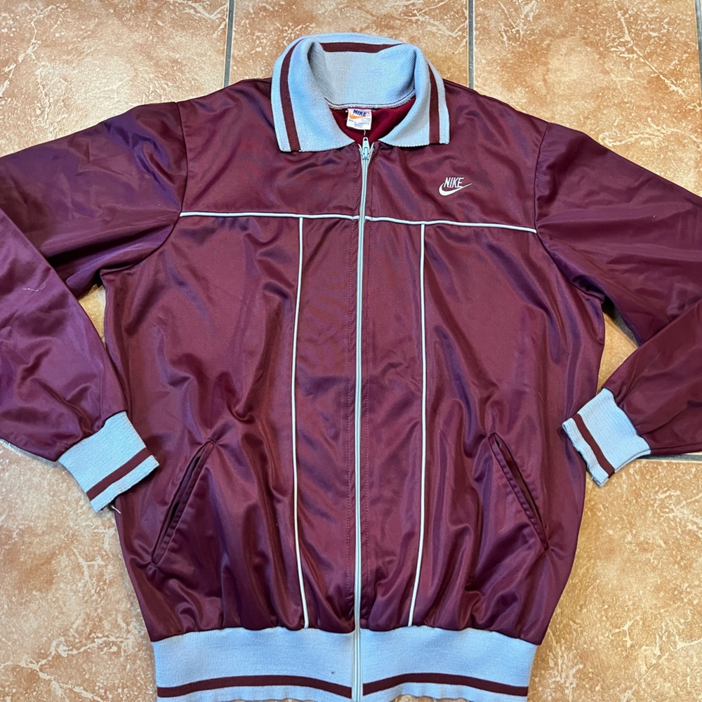 RARE Vintage 80s Nike Swoosh Jacket Track Top Maroon Mens Size XL Grey Piping